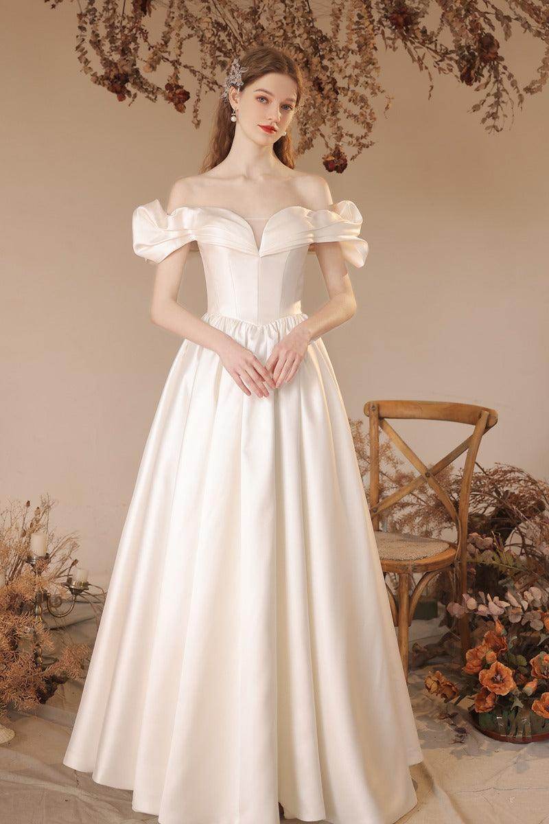A-Line Floor Length Satin Wedding Dress 708336222057 - COCOMELODY